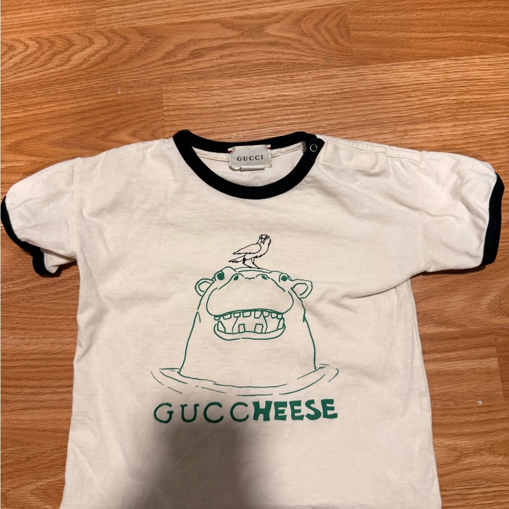 Gucci White Tee with Black Trim and Green Hippo 'Guccheese' Graphic